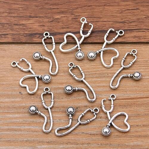 20PCS 2 Styles Mix Size Heart Stethoscope Charms Medical Supplies Pendant Metal Alloy DIY Necklace Bracelet Handwork Marking