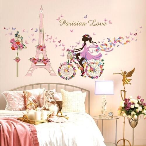 Romantic Paris Wall Sticker For Kids Rooms Eiffel Tower Flower Butterfly Fairy Girl Riding Wall Art Decal Home Decor Mural