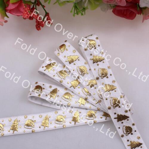 Christmas foe 5/8" gold foil printed fold over elastic 029 white foe elastic 100yards/lot wholesale