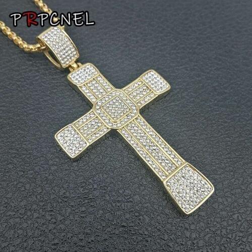 Hip-hip Gold color Classic Charm Large Cross Full Iced Out Bling Bling Rhinestones Pendant Fashion vintage Jewelry Gift
