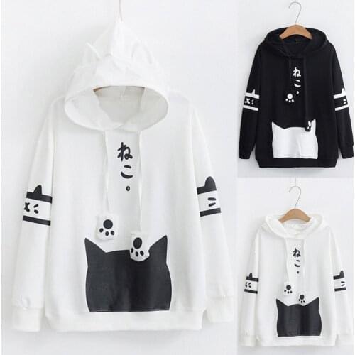 Japanese College Style Kitty Cat Print Kawaii Hoodies For Women Top Clothes Long Sleeve Pocket Thin Hoodie Women Sweatshirts