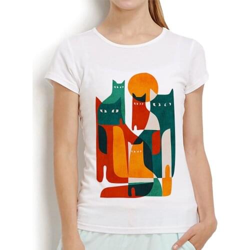 Mid century aesthetic quirky whimsical cat retro t shirt women summer new white casual femme girl kawaii vintage tshirt