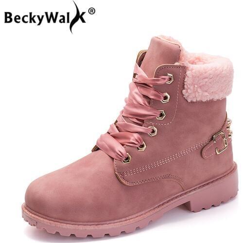 BeckyWalk Fashion Rivet Martin Boots Women Autumn Winter Lace-Up Warm Plush Shoes Woman Round Toe Ankle Motorcycle Boots WSH2485