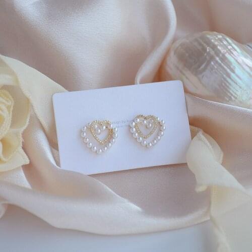 2021 New Arrival Delicate 14K Real Gold Plated Pearl Pierced Heart Stud Earrings Cubic Zircon Earrings