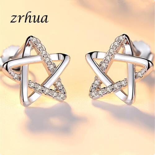 ZRHUA New Arrival S925 Sterling Silver Sparkling Star Stud Earrings for Women Shiny Zircon Exquisite Female Engagment Brincos