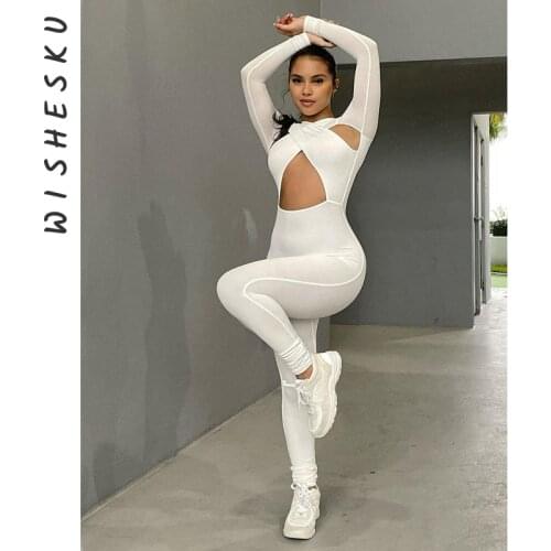 Hollow Out Long Sleeves Bodycon Jumpsuit 2021 Summer Women Fashion Sexy Sporty Party Club One Piece Rompers Y2K Clothes