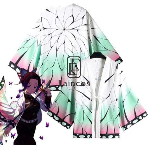 Anime Demon Slayer Kimetsu no Yaiba Kochou Shinobu Cosplay Costume Women Kimono Halloween Cloak Robe Haori Chiffon Coat
