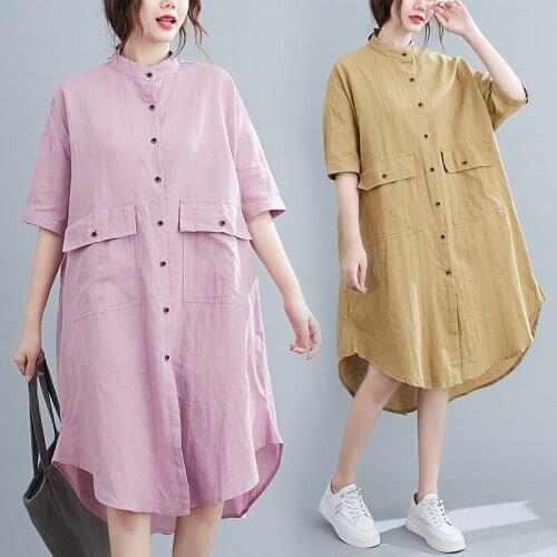 Big Pockets Elegant Shirt Vestidos Dress 2021 Women High Waist Casual Slim Loose Single-breasted Dresses Streetwear