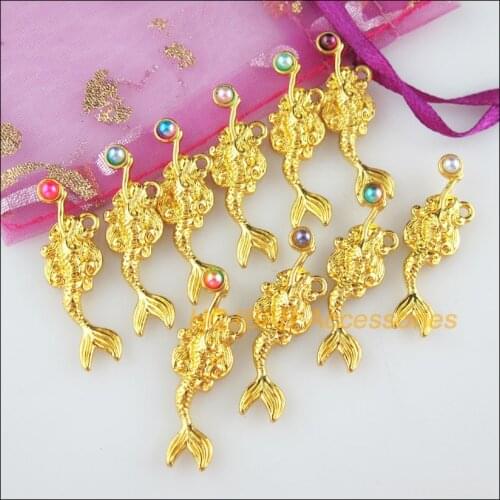 10 New Animal Charms Mixed Acrylic Mermaid Pendants Gold Color 10x32.5mm