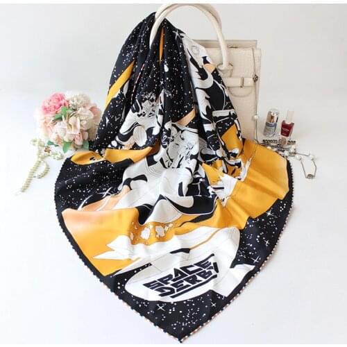100% Twill Silk Scarf Women Hand Rolled Edges Horse Printing Brand Design 90*90cm Shawl Wrap