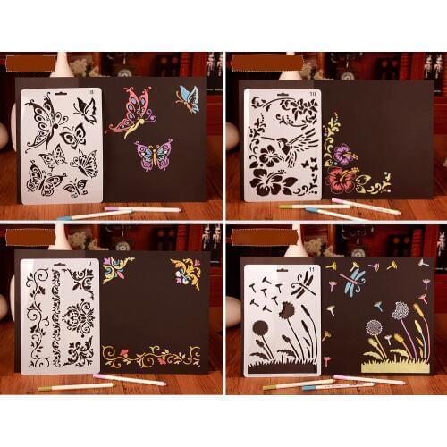 12Pcs Assorted Styles Plastic Hollow Out Butterfly Flower Drawing Stencils Templates for Journal Photo Album Cards DIY Arts Set