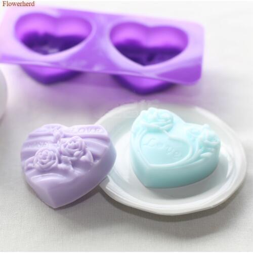 2-cavity Heart Shape Silicone Mold Food Grade Soft Silicone Handmade Soap Mold Roses LOVE Flexible Soap Making Supplies