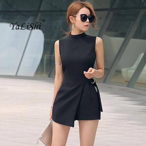 2019 Summer Plus Size Solid Playsuit Women Black Sleeveless Casual Office Playsuits Shorts Vintage Elegant Asymmetrical Jumpsuit
