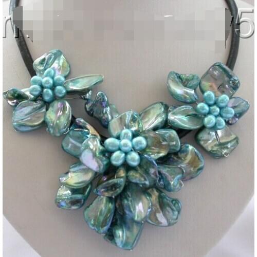 Free Shipping ***Hot sale >>>stunning classic baroque freshwater cultured pearl flower leather necklace