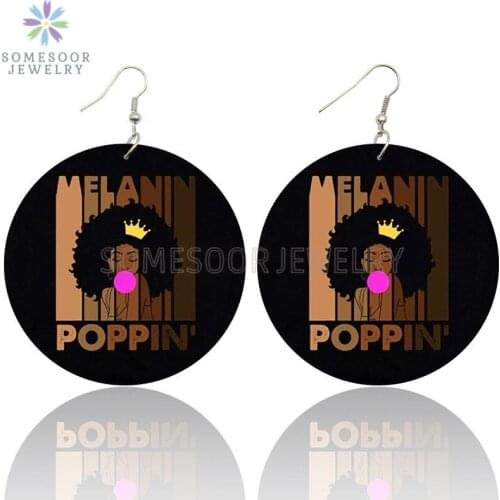 SOMESOOR Melanin Poppin Black Queen Goddess Printed Wooden Drop Earrings Afro Inspire Sayings Ear Loops Dangle For Women Gifts