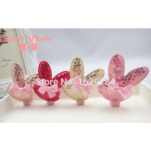 Boutique 20pcs Fashion Cute Ribbon Bow Glitter Rabbit Hairpins Solid Kawaii Sequin Bunny Hair Clips Princess Hair Accessories