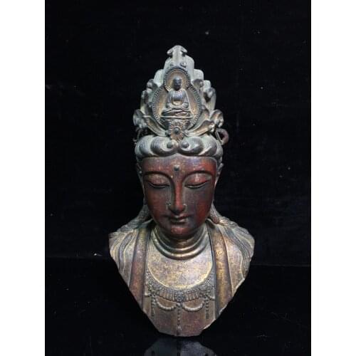 9"Chinese temple collection Old Bronze Cinnabar Lacquer Guanyin Bodhisattva Buddha Head statue Ornaments Town House Exorcism