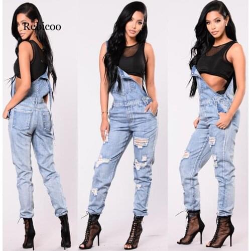 Rebicoo Fashion Womens Destroyed Denim Bib Overalls With Holes Baggy Ripped Jeans Jumpsuits Female Distressed Suspender Pants