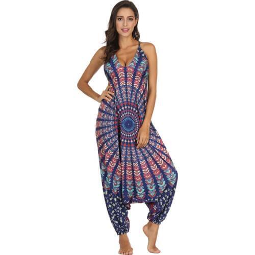 Bohemian loose jumpsuit Women Sarouel sexy Backless Pop Print Loose Harem Bloomers Summer Hippie Jumpsuits