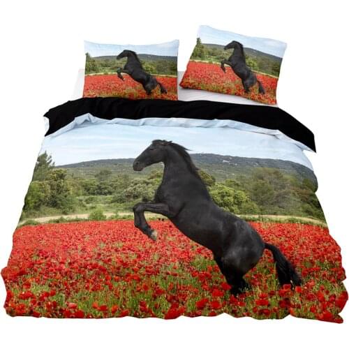 Horse And Red Flowers Pattern Duvet Cover Set With Pillowcase,245x210 Quilt Cover,210×210 Blanket Cover,HD Printing Bedding Set
