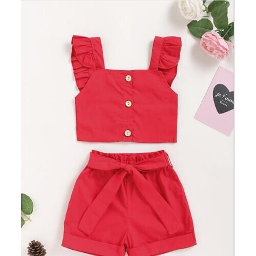Girls sleeveless lace bodice + solid color bow shorts two-piece set