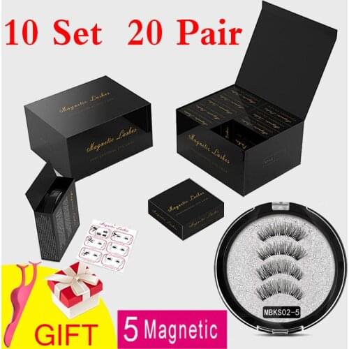 MB 10 Set 5 Magnetic Eyelashes Round box False Eyelashes 3D/6D Natural Lengthening Makeup 20 Pair Magnets Mink lashes Upper With