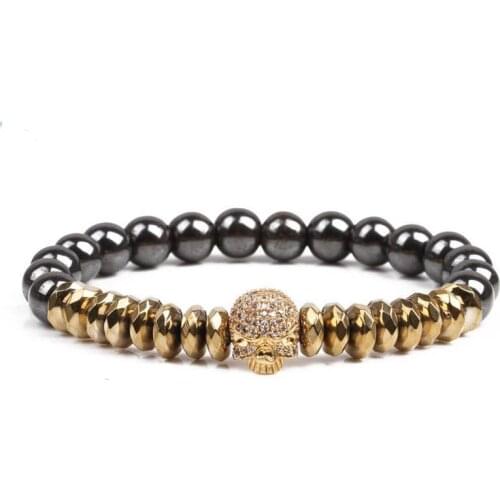 Fashion 8mm Round Beads Bracelet Mens Natural Stone Hematite Zircon Skull Head Strand Bracelet Bangle Jewelry Gift