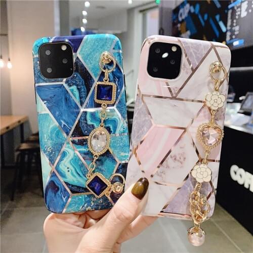 For iphone X XR XS MAX 6 6S 7 8 plus 11 Pro 12 MiNi Marble Splicing cover diamond Bracelet pearl Soft silicone phone case