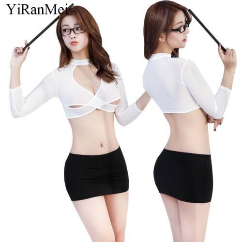 YiRanMei New White Hollow Out Shirt Black Sexy Bodystocking Short Skirt Babydolls Erotic Lingerie Sets For Women