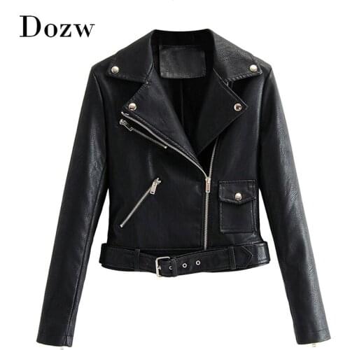 Solid Pu Leather Jacket Women With Belt Office Wear Zipper Tops Lady Long Sleeve Stylish Chic Coat Female Spring Autumn