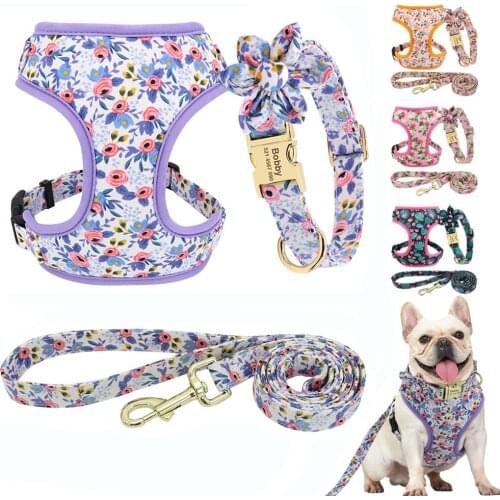 Personalized Dog Collar Leash Harness Set Nylon Small Large Dogs ID Collars Pet Vest Harness Lead Belt Rope Flower Accessories