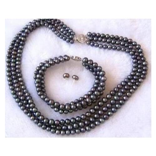 Selling Jewelry>>>New (Mini Order 1) 3Rows 7-8mm Black Pearl Shell Necklace Bracelet Earrings Set Pearl Beads Fashion Jewelry Se
