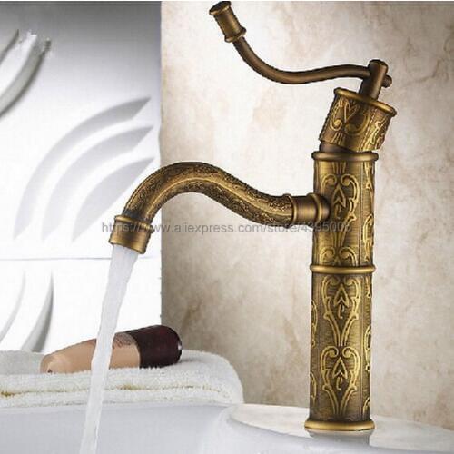 Basin Faucets Antique Brass Bathroom Faucet Basin Carving Tap Rotate Single Handle Hot and Cold Water Mixer Taps Bnf166