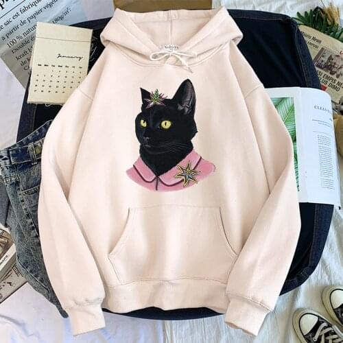 Black Cat Printing Sweatshirt Woman Aesthetics Korean Couple Cartoon Clothes Warm Fashion Korean Womens Hoodies Loose Casual