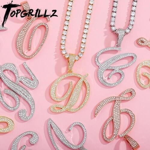 TOPGRILLZ 2020 New A-Z Bigger Size Cursive Letters Name Pendant Iced Out Cubic Zirconia With Tennis Chain Hip Hop Jewelry Gift