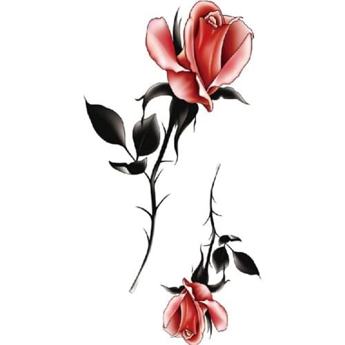Temporary Tattoo Stickers Sexy Red Rose Branch Thorn Leaves Design Fake Tattoos Waterproof Tatoos Arm Large Size for Women Girl
