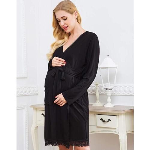 Womens Long Sleeve Button Nursing Nightie Stripes Maternity Breastfeeding Dress black red maternity hot pajamas nightwear