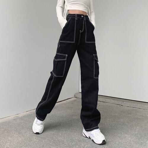 Zoki Patchwork Baggy Jeans Women Fashion Streetwear 100% Cotton Denim Pants Loose Cargo Trouser Harajuku Spring Black Jeans New