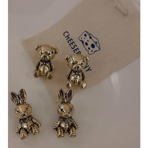 VSnow Korean Metal Alloy Cute Gold Color Rabbit Bear Earrings for Women Animal Hanging Dangle Earrings Jewelry Accessories