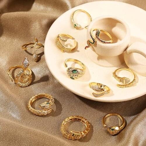 Creative Design High Quality Adjustable Opening Animal Snake Rings For Women Cubic Zirconia Zircon Gold Color Copper Metal Ring