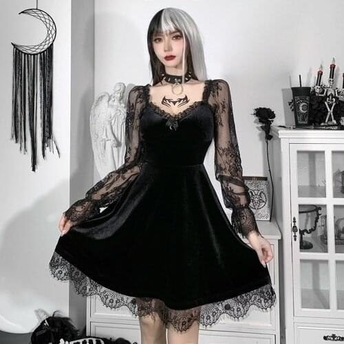 Dress Dark Gothic 2021 Autumn New Sexy Lace Patchwork Chest Flared Long Sleeve Ruffled Dress V Neck Slim Women Clothes