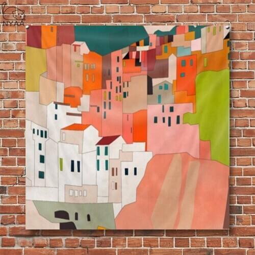 Italy Coast House Scenic Tapestry Wall Hanging Greece Santorini Island Painting Wall Tapestries Home Decor Art Decoration