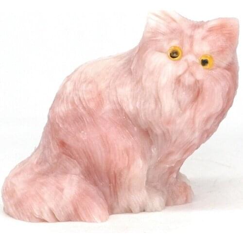 2.6" Cat Natural Gemstone Pink Opal Crystal Carved Animal Figurine Decor #250
