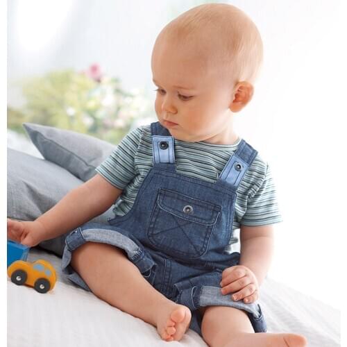 2pcs Denim Baby Clothing Set New Born Clothing Set Kids Overalls Boys Short Sleeve Striped Tops and Suspender Trousers Pant 2pcs