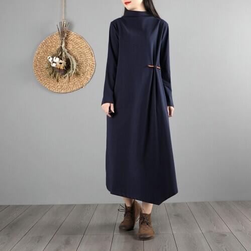 2020 Women Vintage Chinese Style Dress Lady Elegant Long Dresses Female Solid Color Loose Casual Retro Robe Vintage Femme 11857