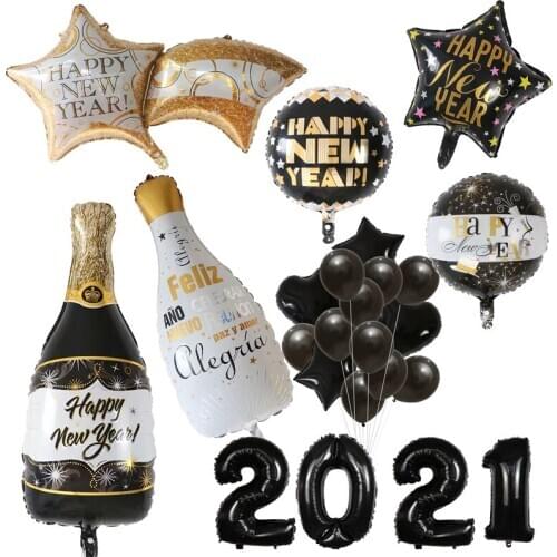 2021 Happy New Year Foil Balloon For Marry Christmas Party Decoration 18'' Black Spanish white Bottle Helium Globos Eve Supplies
