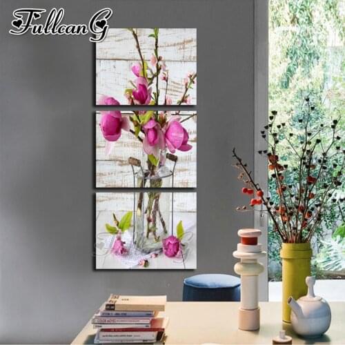 FULLCANG 5d diy diamond embroidery still life pink flowers diamond painting triptych full square round drill home decor FC3203