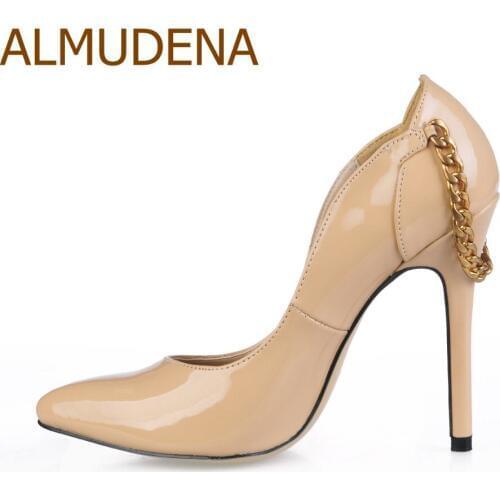 ALMUDENA Luxurious Unique Design Nude Black Patent Leather Dress Pumps Thin High Heel Chain Gladiator Shoes Special Cut Pumps