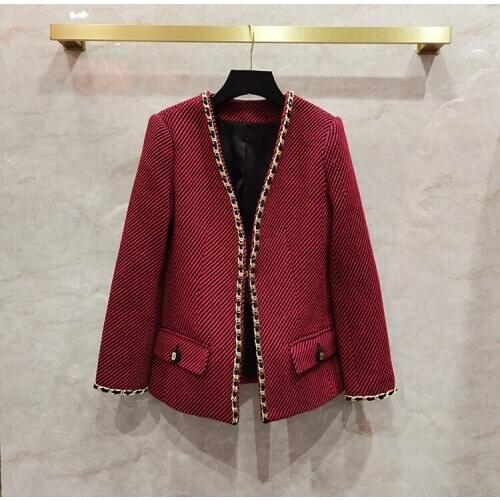 American and New European net red noble cardigan coat chain trim twill woolen button coat can customized big size