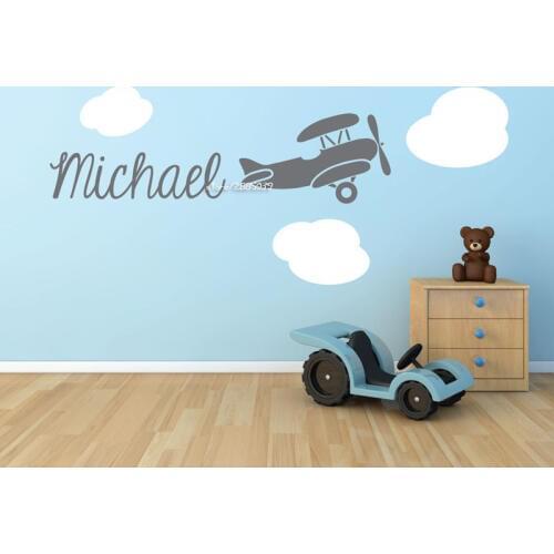 Biplane Airplane Name Cloud Wall Stickers Vinyl Wall Decal Graphics Boys Bedroom Nursery Decor Wallpaper Creative Mural SA628